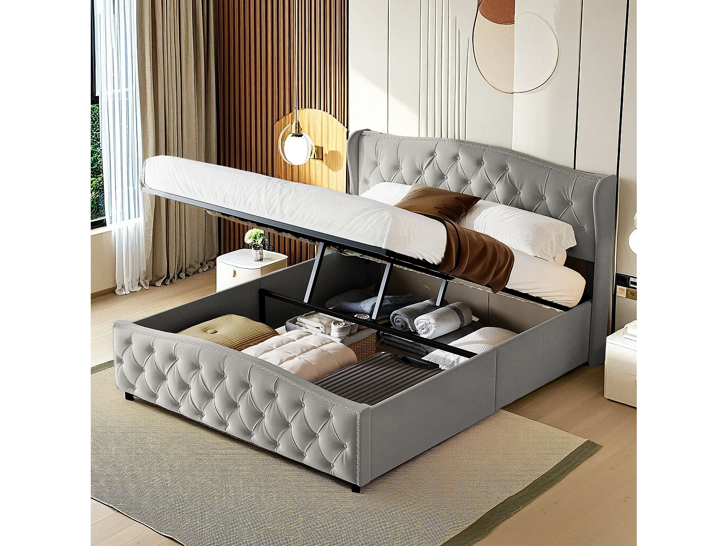 Lit Double Rembourré Lit 140x200cm, Cadre de Lit, Lit Coffre ,Lit Double avec Rangement sous Lit, Velours, Gris(sans Matelas)