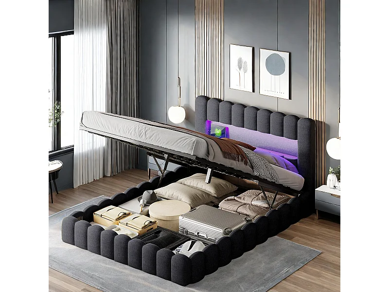 Lit Double Rembourré, Cadre de Lit, Lit Coffre 160x200cm, avec LED, Cadre de Lit Moderne pour Adultes 2 Personnes, Gris (sans Matelas)