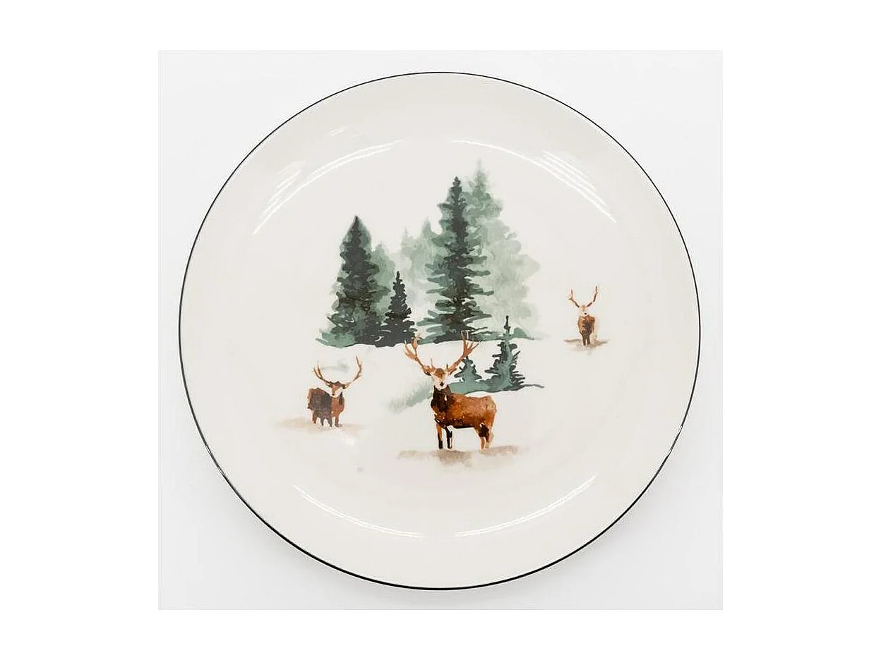 Vaisselle en porcelaine décor Cerf et Sapin, style fait main Assiette 27cm