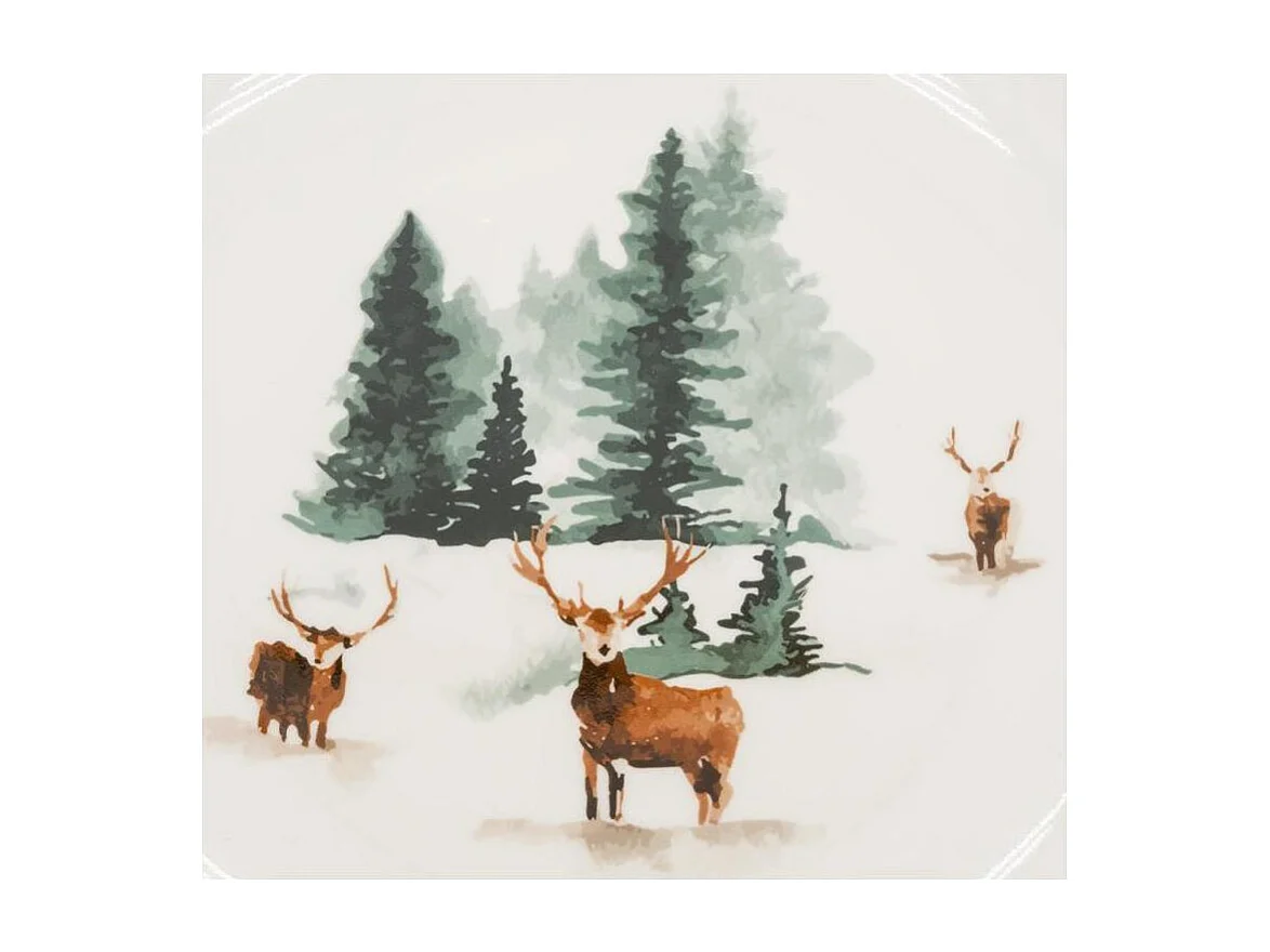 Vaisselle en porcelaine décor Cerf et Sapin, style fait main Assiette 27cm