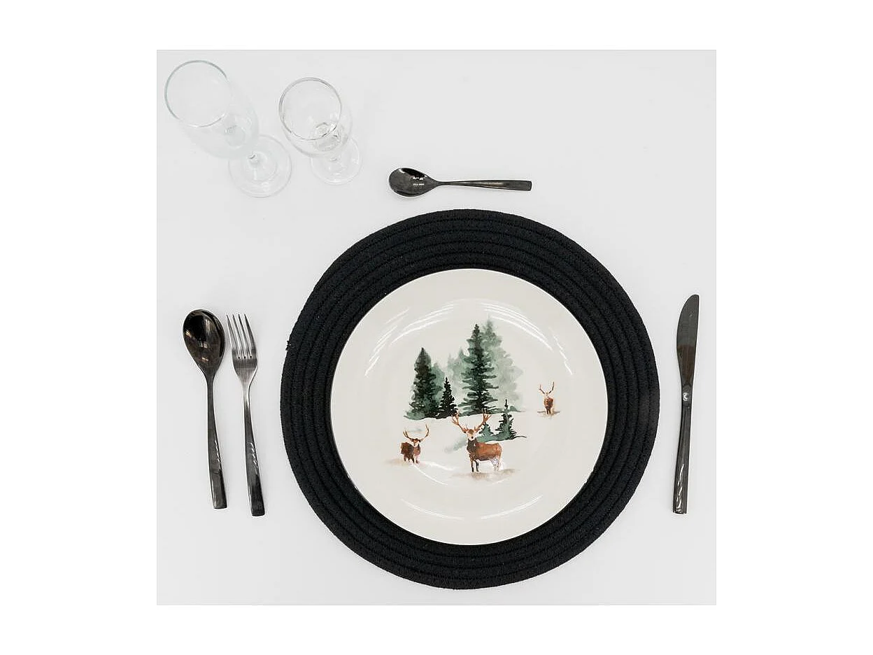 Vaisselle en porcelaine décor Cerf et Sapin, style fait main Assiette 27cm