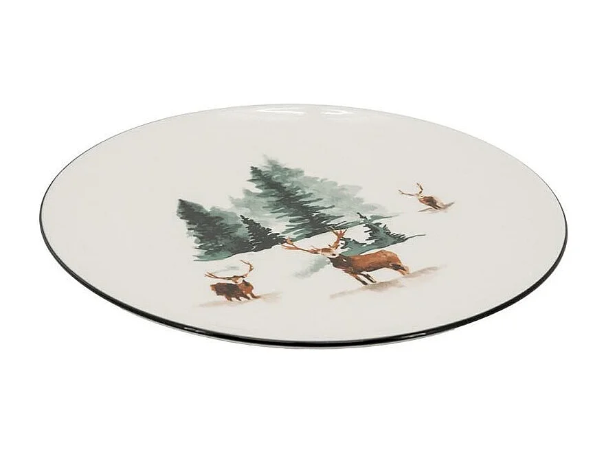 Vaisselle en porcelaine décor Cerf et Sapin, style fait main Assiette 27cm