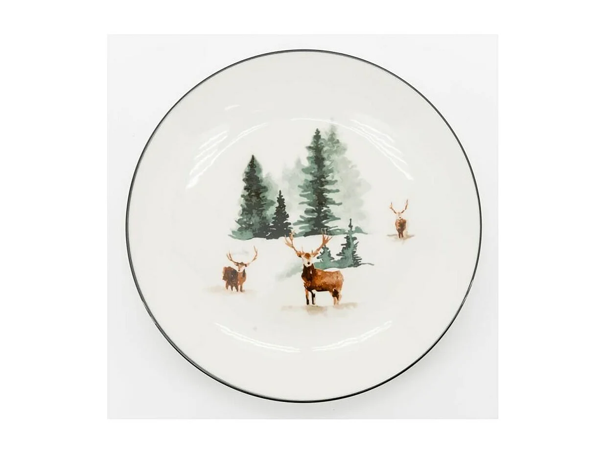 Vaisselle en porcelaine décor Cerf et Sapin, style fait main Assiette 19cm