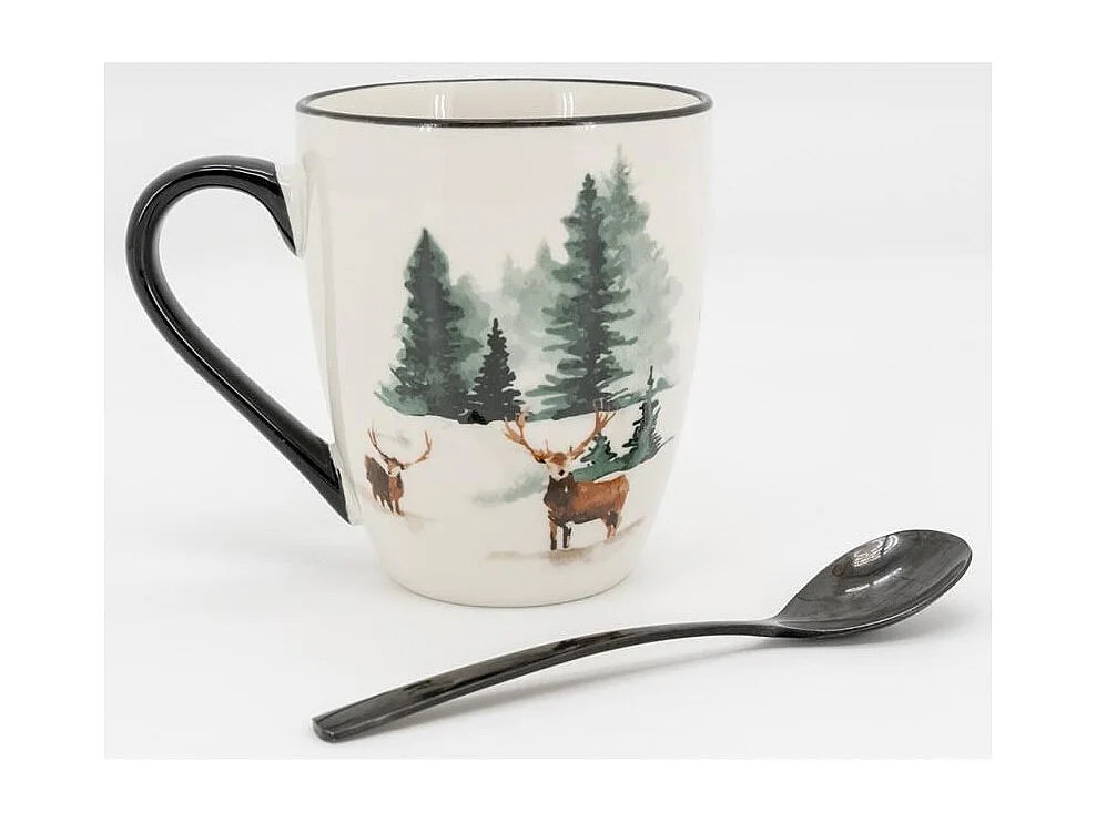 Vaisselle en porcelaine décor Cerf et Sapin, style fait main Tasse