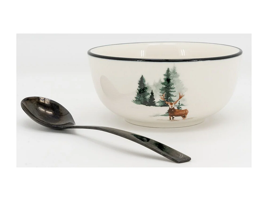 Vaisselle en porcelaine décor Cerf et Sapin, style fait main Bol