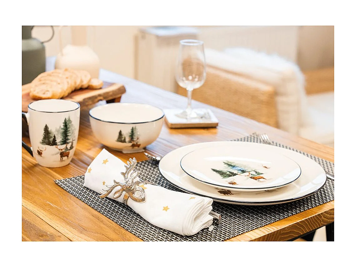Vaisselle en porcelaine décor Cerf et Sapin, style fait main Bol