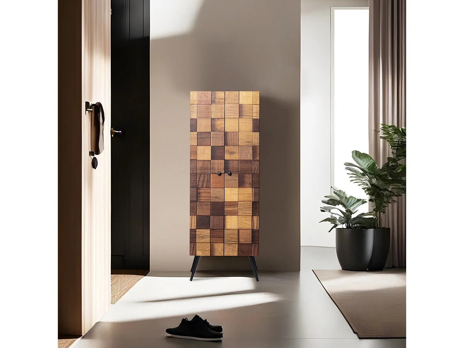 Armoire 2 portes Zéphir L51xH140cm Motif 3D Nuances de bois naturel