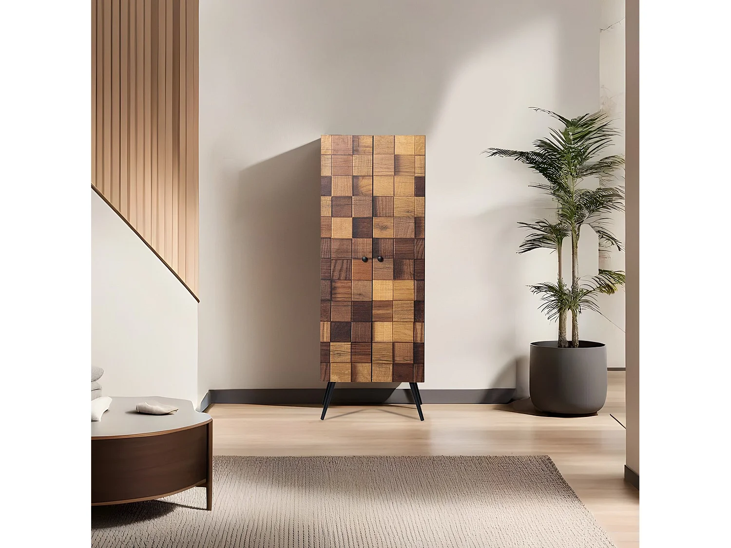 Armoire 2 portes Zéphir L51xH140cm Motif 3D Nuances de bois naturel