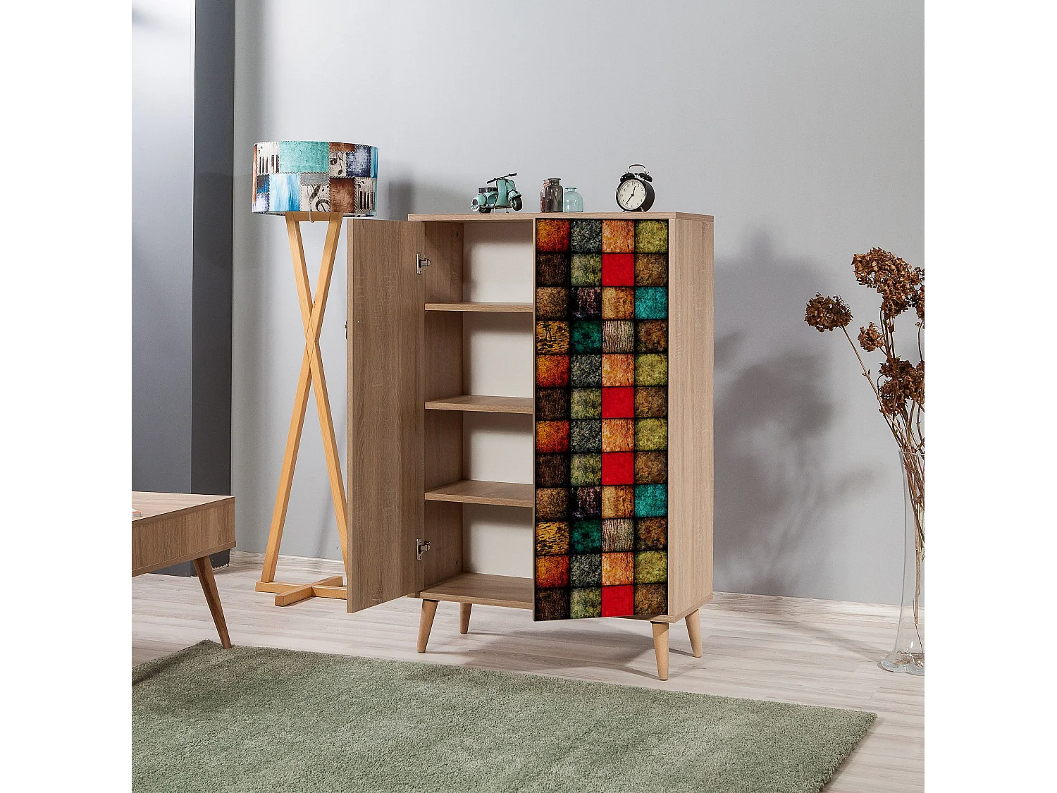Armoire fermé Repono L80xH127cm Bois Naturel et Motif Carreaux Multicolore