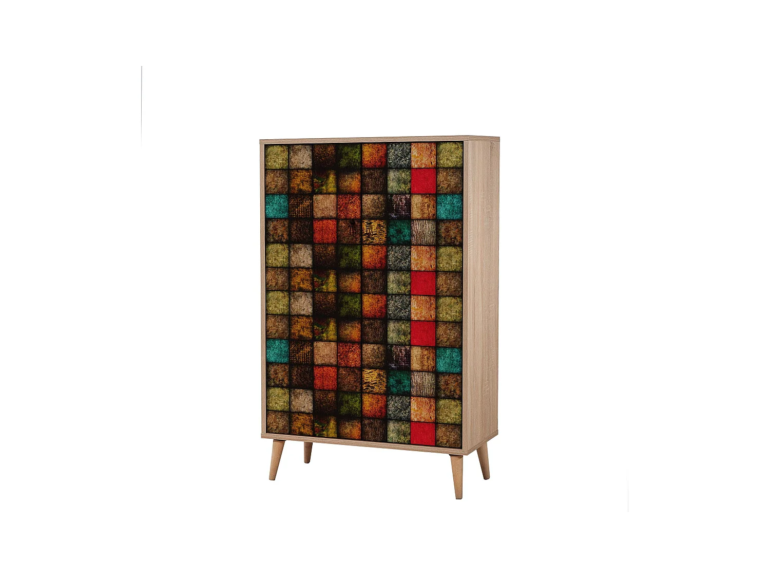 Armoire fermé Repono L80xH127cm Bois Naturel et Motif Carreaux Multicolore