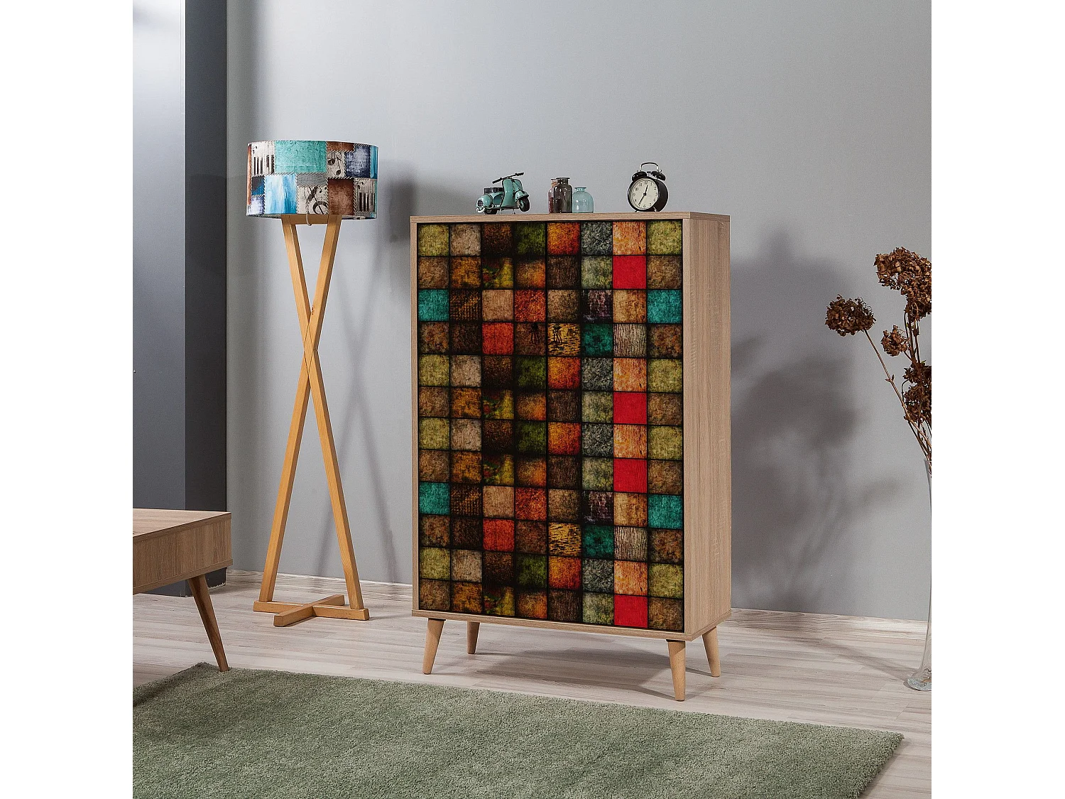 Armoire fermé Repono L80xH127cm Bois Naturel et Motif Carreaux Multicolore