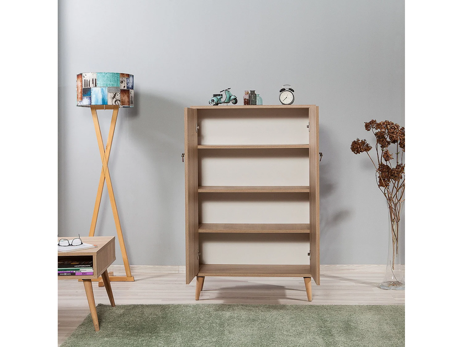 Armoire fermé Repono L80xH127cm Bois Naturel et Motif Carreaux Multicolore