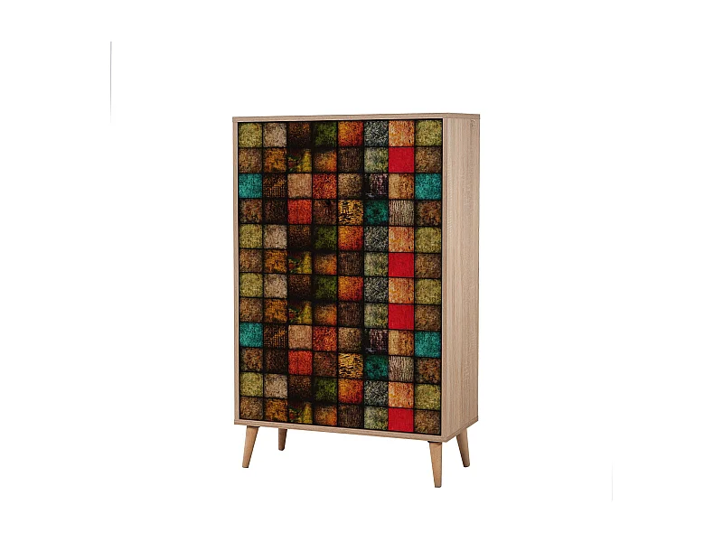Armoire fermé Repono L80xH127cm Bois Naturel et Motif Carreaux Multicolore