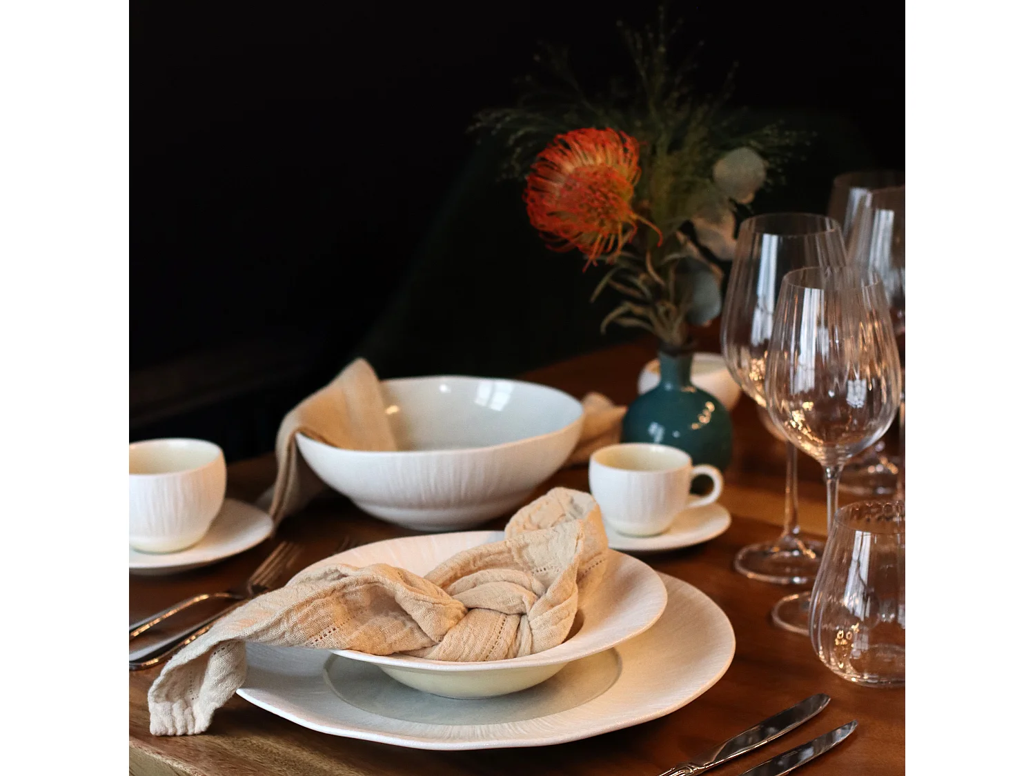 Ogo Living - Lot 6 Assiettes Creuses Urus 20cm En Porcelaine Beige Et Blanc