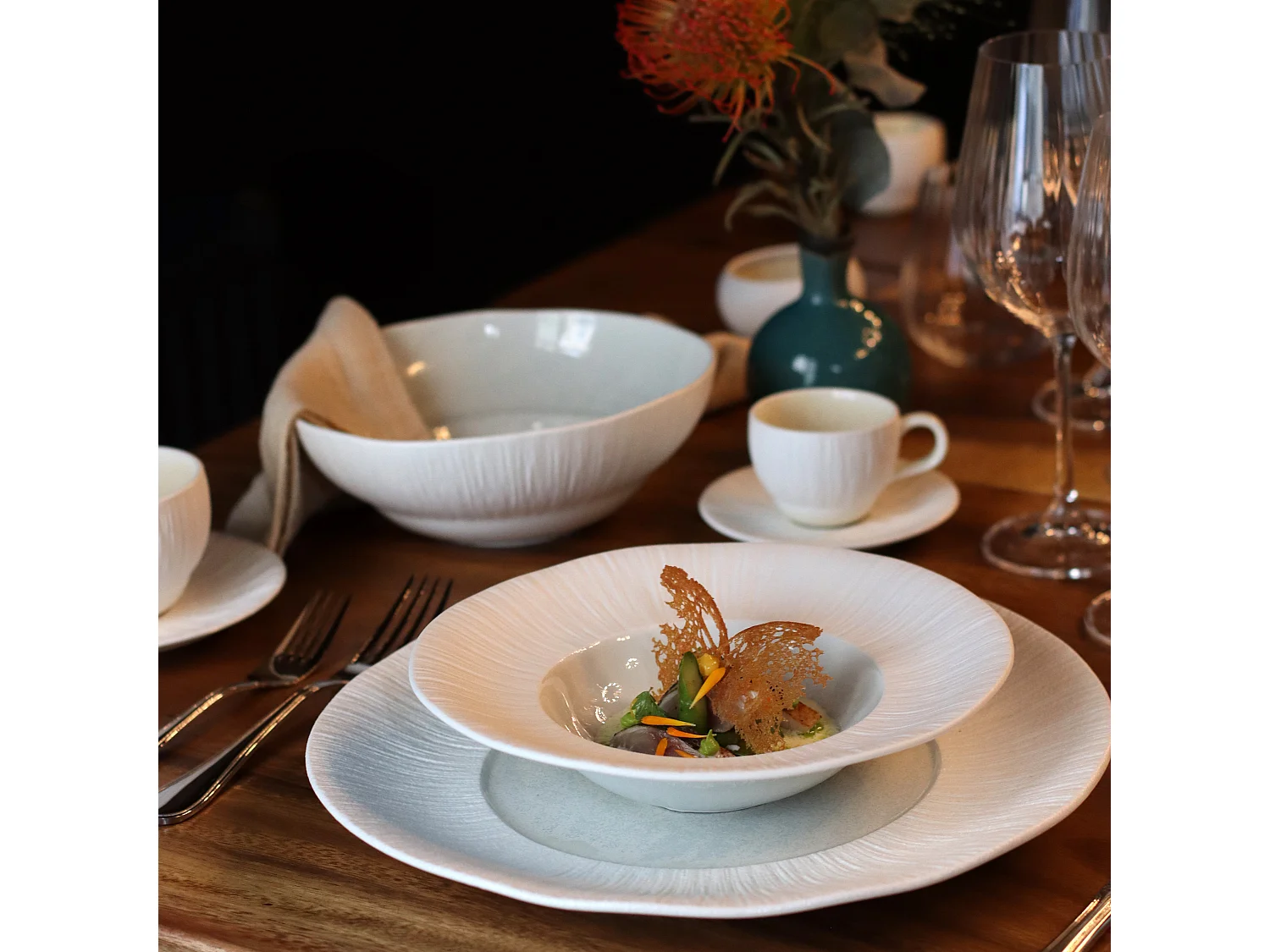 Ogo Living - Lot 6 Assiettes Creuses Urus 20cm En Porcelaine Beige Et Blanc