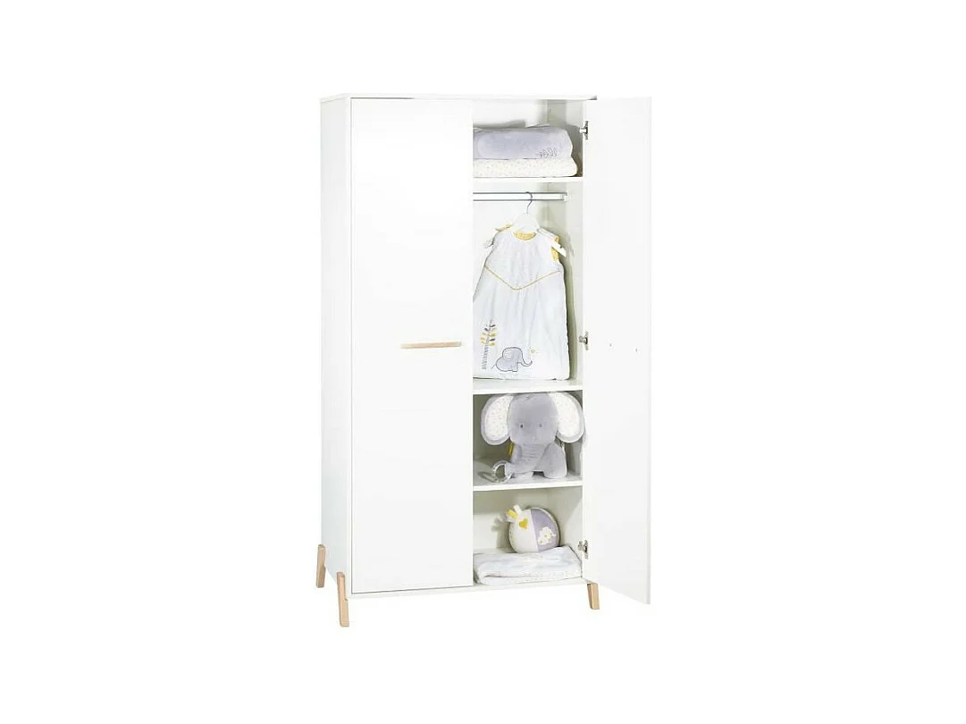 Joy Natural BabyKleiderschrank – Weiß – Auf natürlichen Holzbeinen – 2 Türen – Babypreis