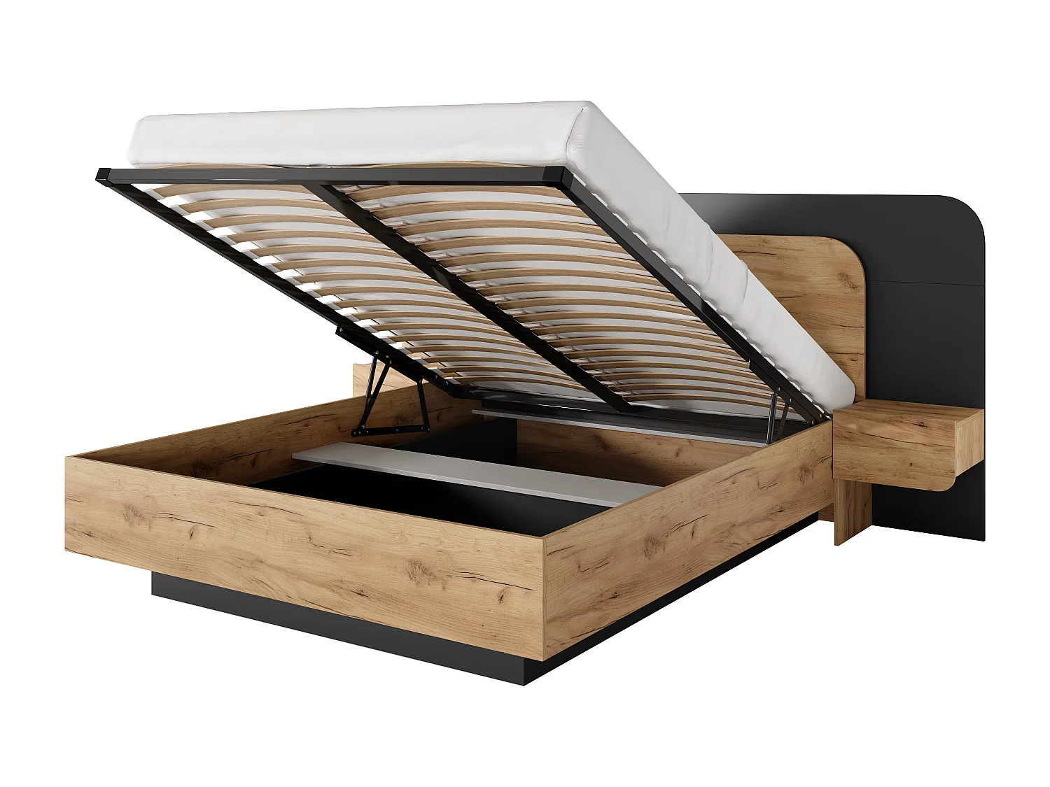 Lit coffre avec chevets 160 x 200 cm - Avec LEDs - Coloris : Naturel et anthracite - DESADO