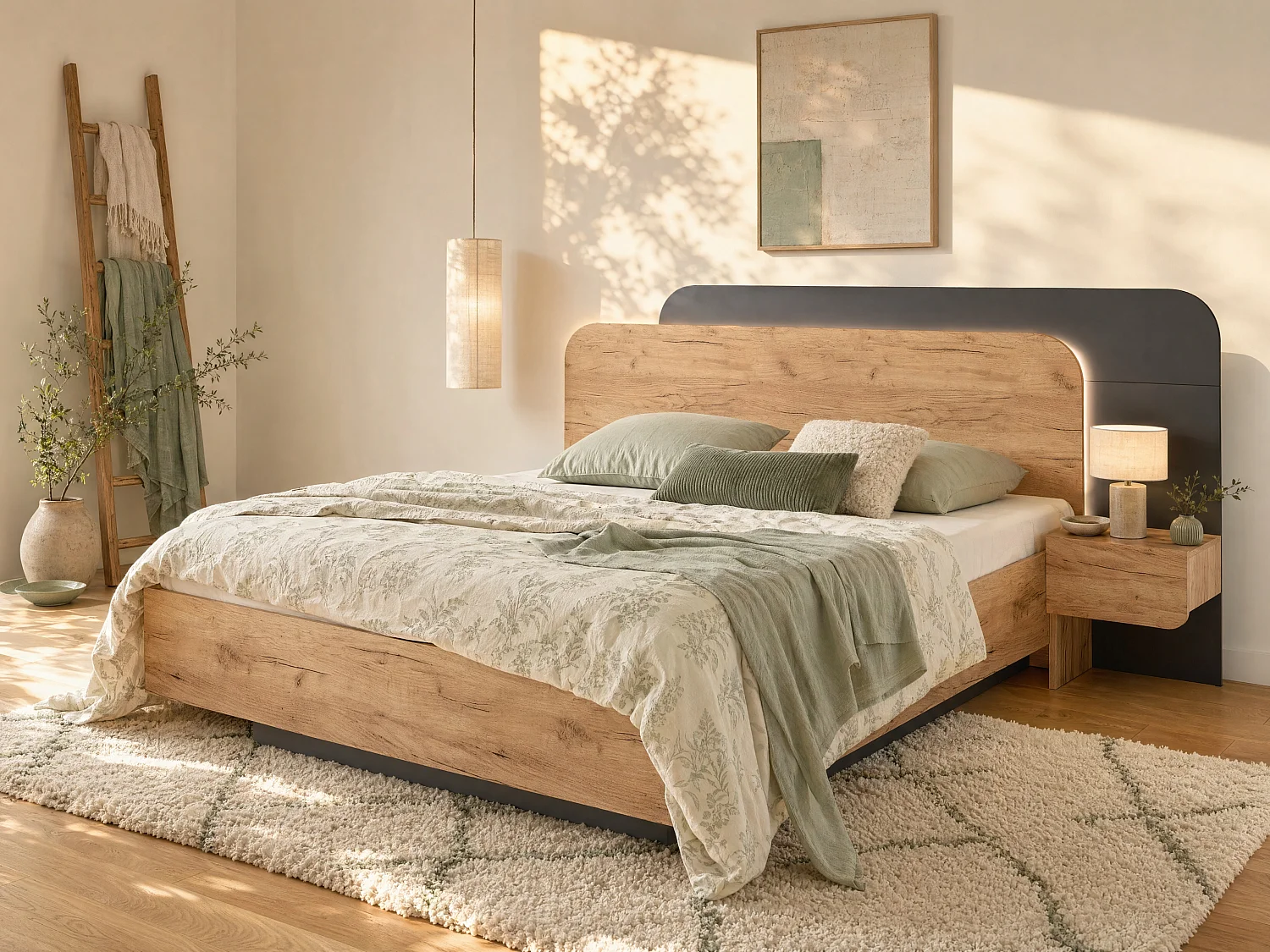 Lit coffre avec chevets 160 x 200 cm - Avec LEDs - Coloris : Naturel et anthracite - DESADO