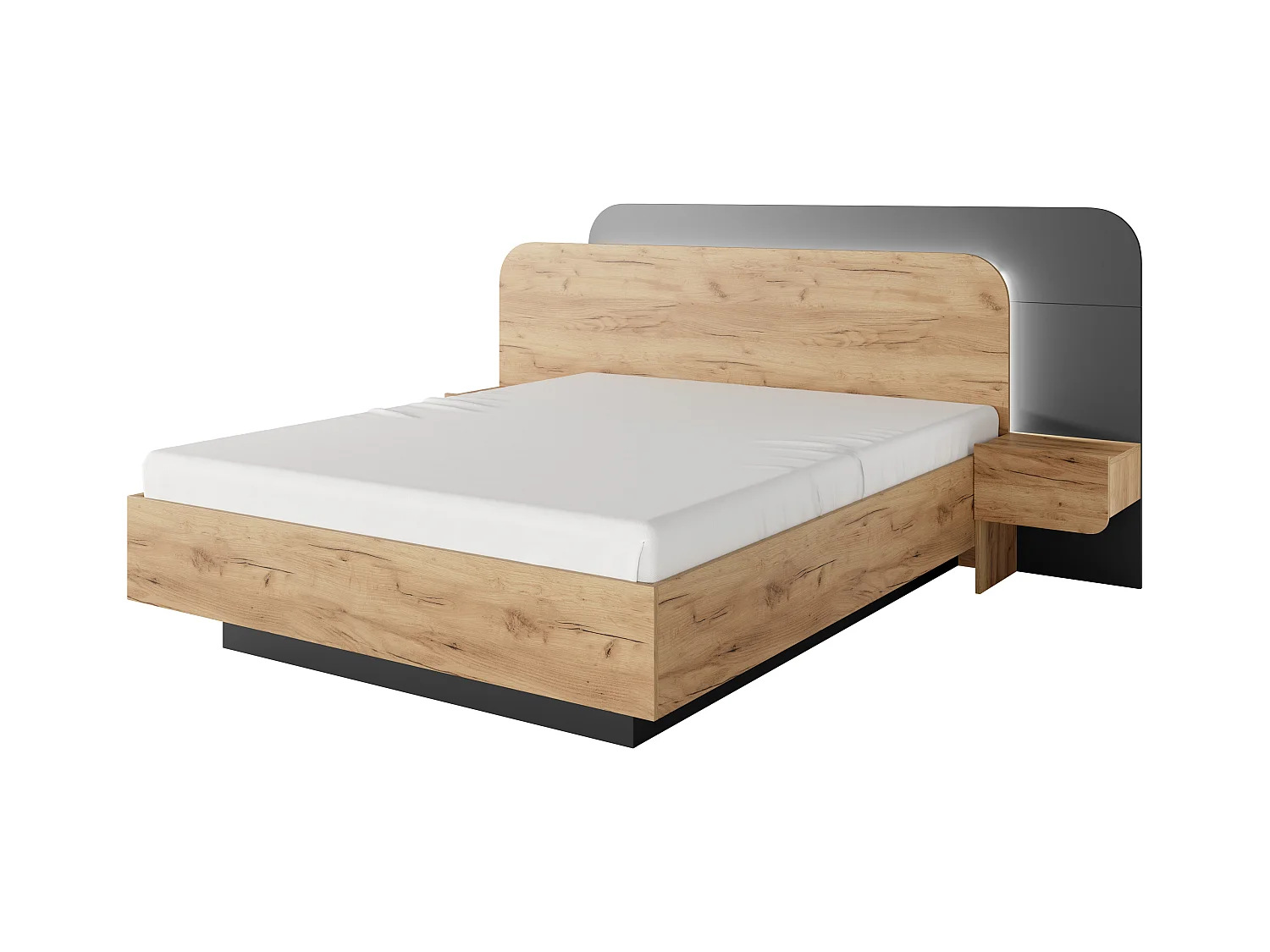 Cama com espaço de arrumação e mesas de cabeceira 160x200 cm com LEDs, cor natural e antracite + colchão - DESADO