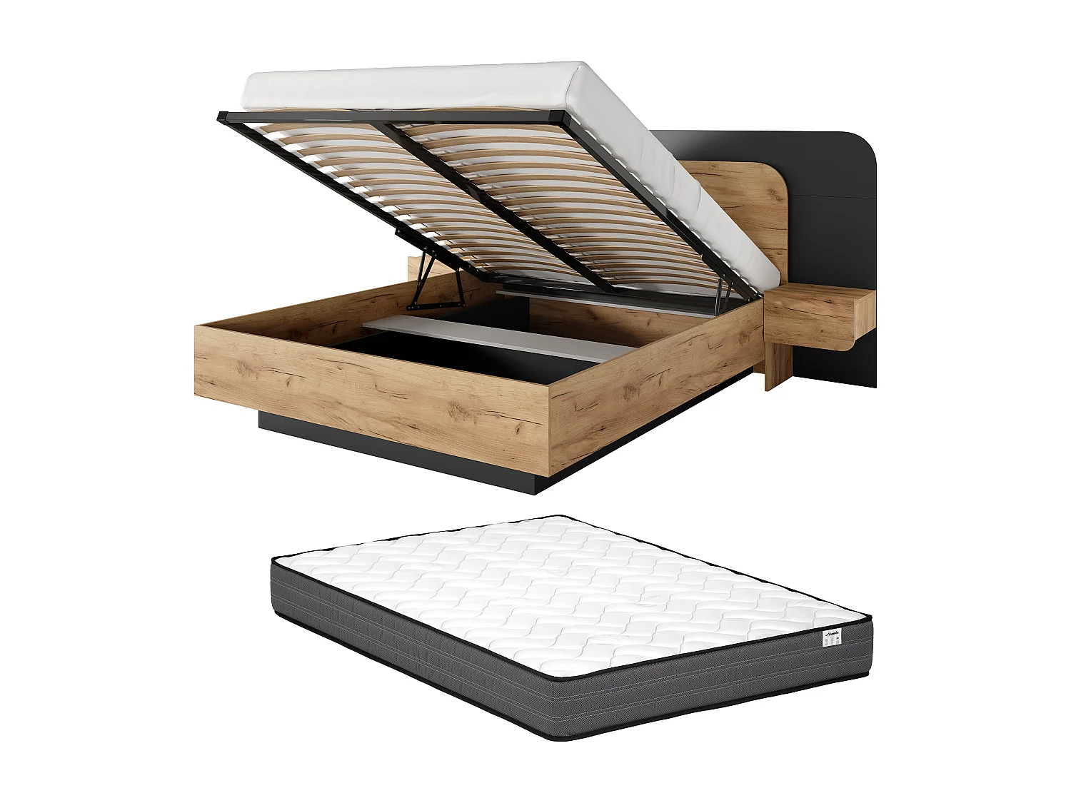 Cama com espaço de arrumação e mesas de cabeceira 160x200 cm com LEDs, cor natural e antracite + colchão - DESADO