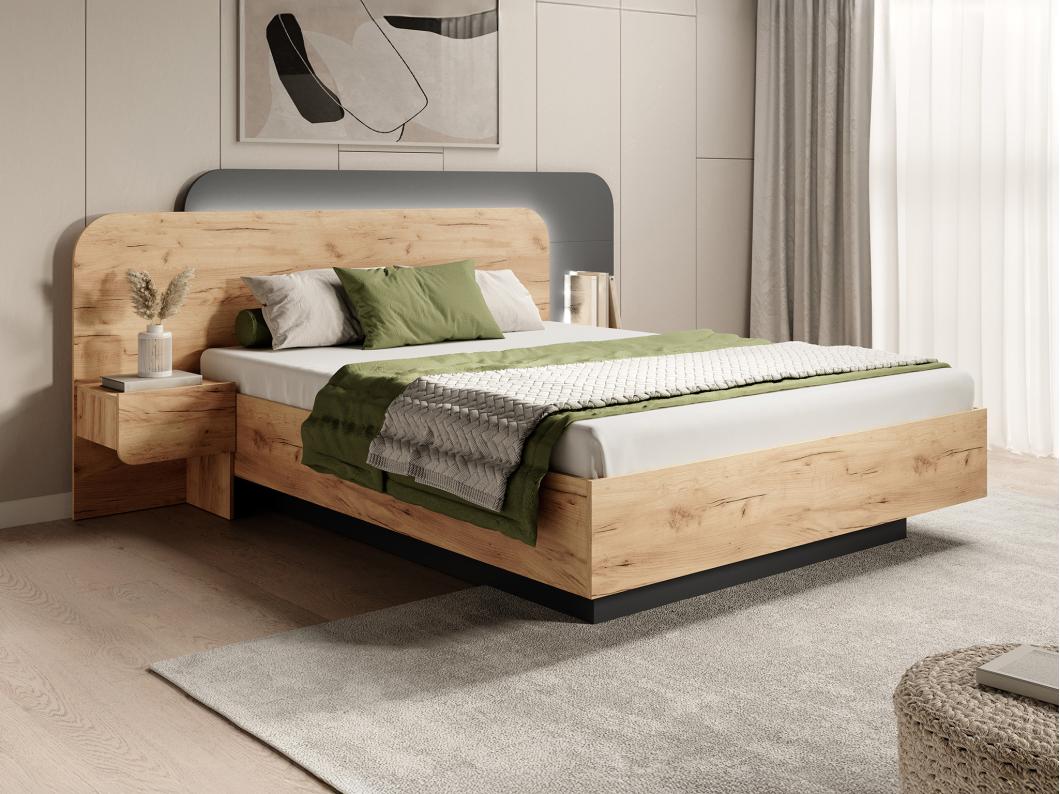 Lit coffre avec chevets 160 x 200 cm - Avec LEDs - Coloris : Naturel et anthracite + Matelas - DESADO
