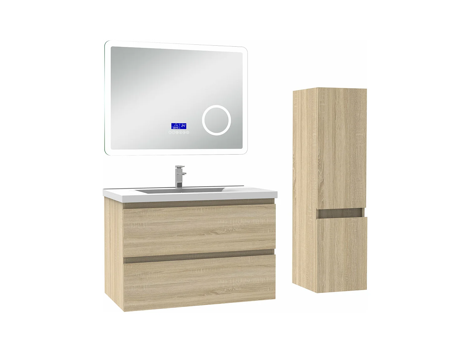 AICA Ensemble meuble Salle de Bain Chêne Wotan 80cm avec colonne, simple vasque et Led miroir dimmable avec 3 couleurs, Bluetooth et 3X grossissement.