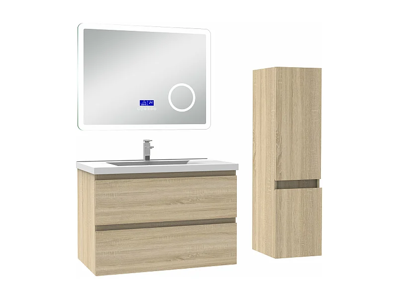 AICA Ensemble meuble Salle de Bain Chêne Wotan 80cm avec colonne, simple vasque et Led miroir dimmable avec 3 couleurs, Bluetooth et 3X grossissement.