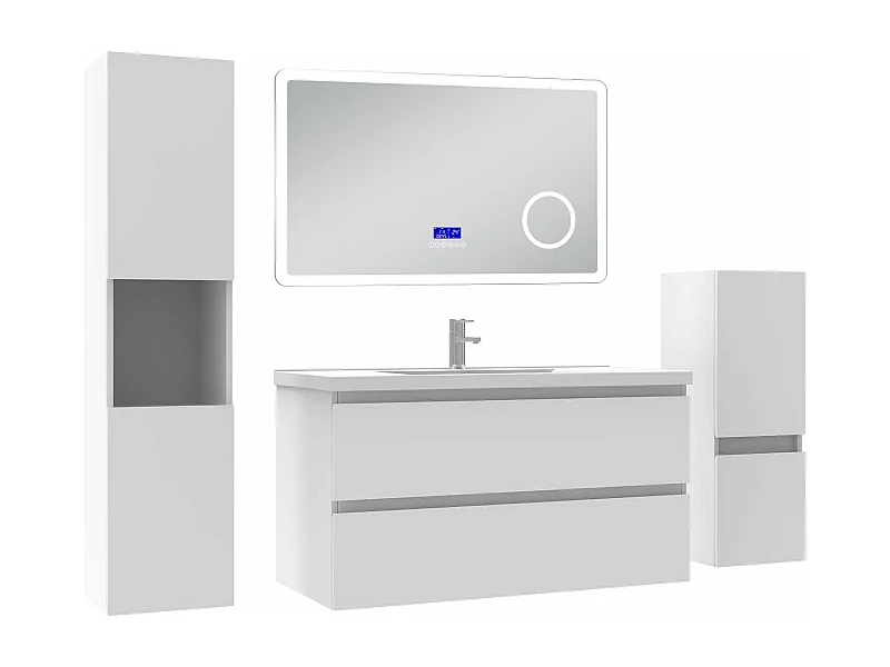AICA Ensemble meuble Salle de Bain 100cm blanc avec 2 colonnes, simple vasque et Led miroir dimmable avec 3 couleurs, Bluetooth et 3X grossissement.