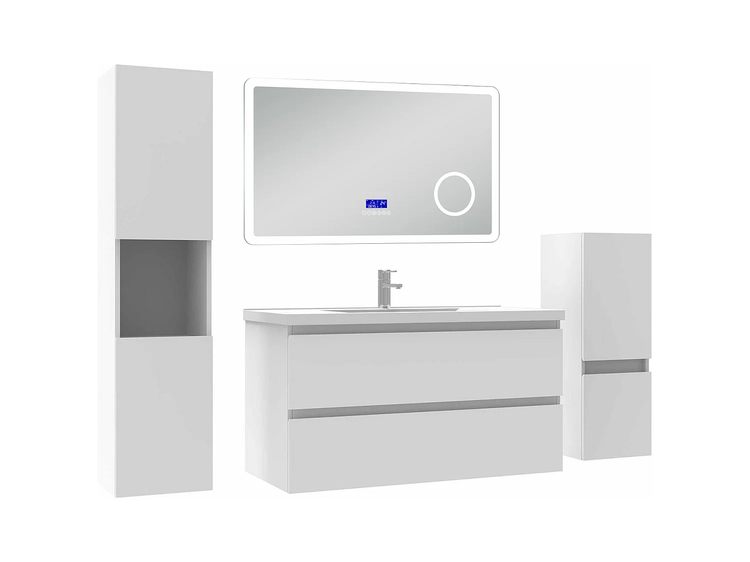 AICA Ensemble meuble Salle de Bain 100cm blanc avec 2 colonnes, simple vasque et Led miroir dimmable avec 3 couleurs, Bluetooth et 3X grossissement.
