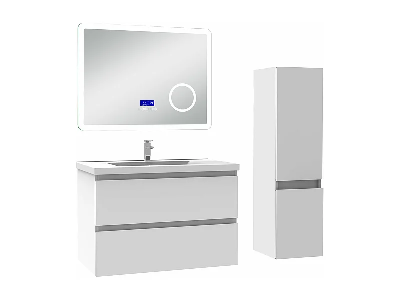 AICA Ensemble meuble Salle de Bain Anthracite 80cm avec colonne, simple vasque et Led miroir dimmable avec 3 couleurs, Bluetooth et 3X grossissement.