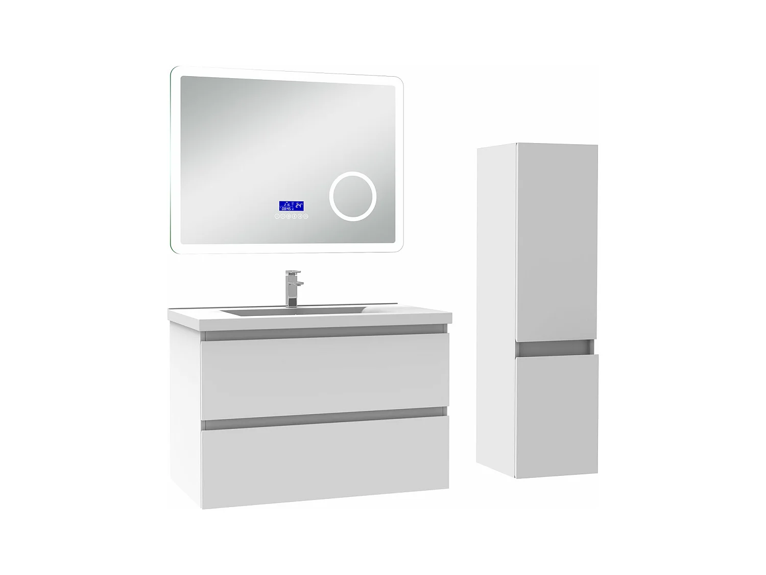 AICA Ensemble meuble Salle de Bain Anthracite 80cm avec colonne, simple vasque et Led miroir dimmable avec 3 couleurs, Bluetooth et 3X grossissement.