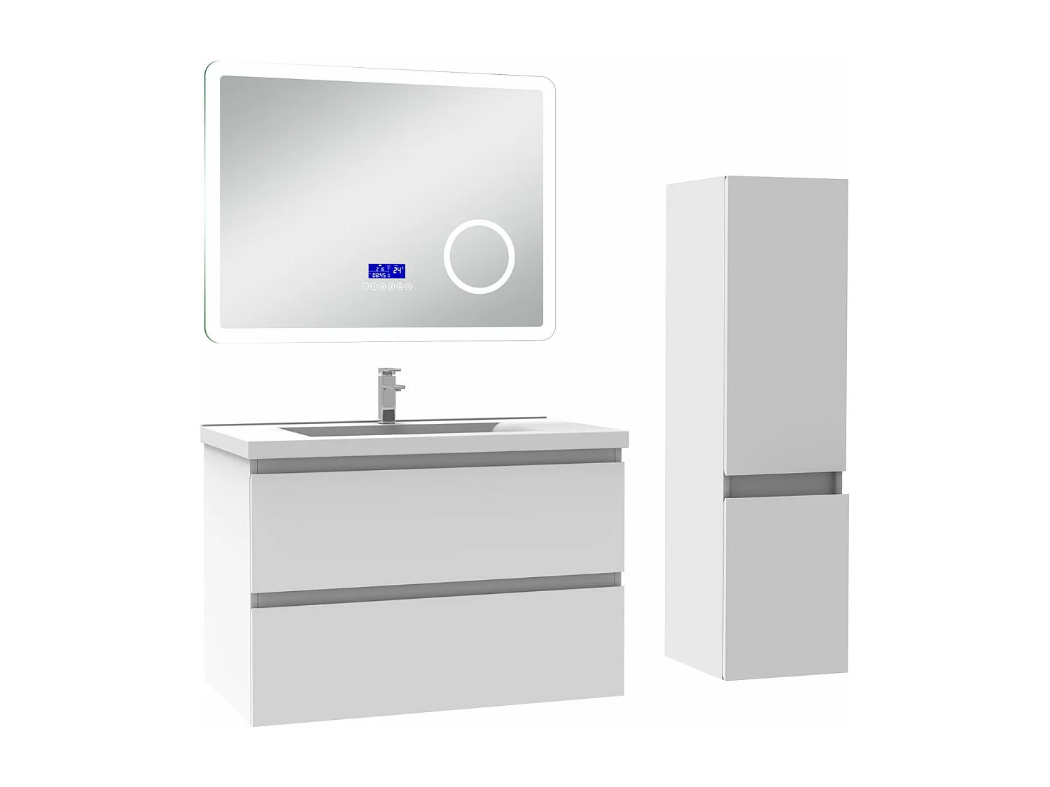 AICA Ensemble meuble Salle de Bain Anthracite 80cm avec colonne, simple vasque et Led miroir dimmable avec 3 couleurs, Bluetooth et 3X grossissement.