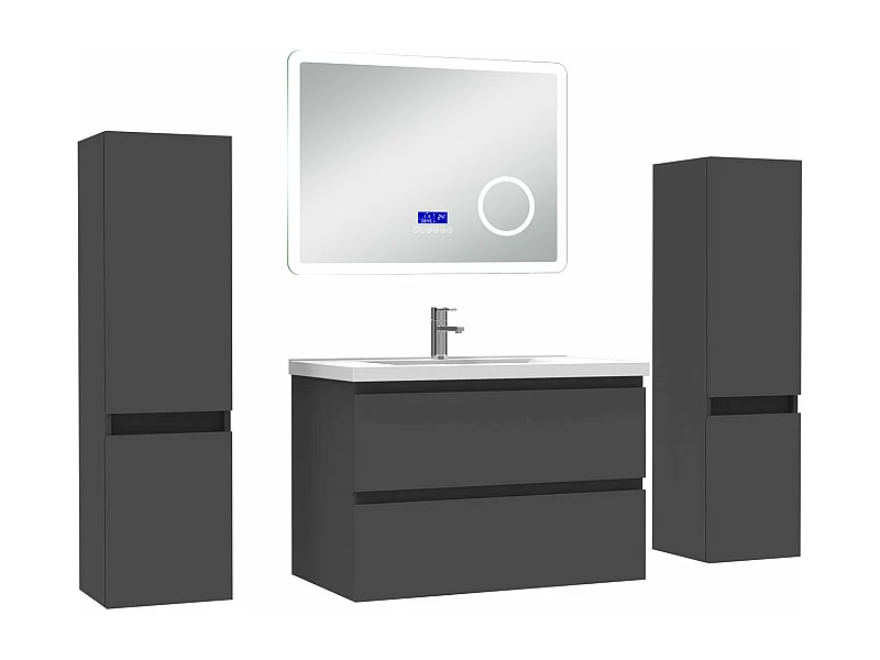 AICA Ensemble meuble Salle de Bain Anthracite 80cm avec 2 colonnes, simple vasque et Led miroir dimmable avec 3 couleurs, Bluetooth et 3X grossissement.