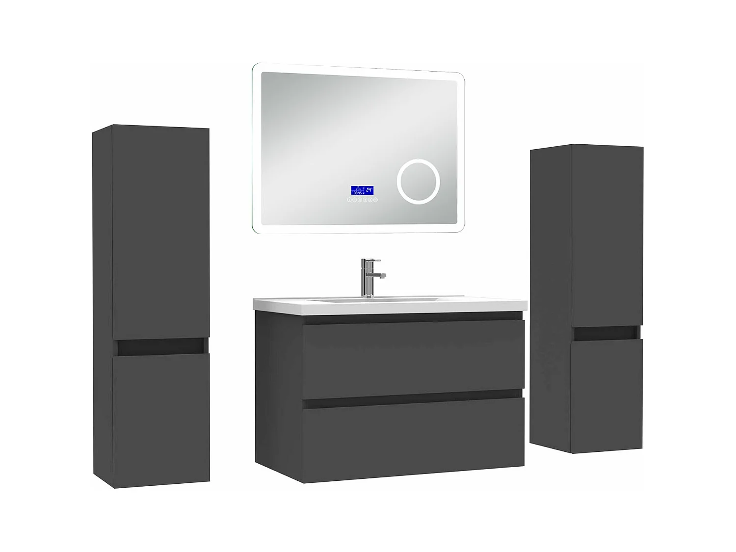 AICA Ensemble meuble Salle de Bain Anthracite 80cm avec 2 colonnes, simple vasque et Led miroir dimmable avec 3 couleurs, Bluetooth et 3X grossissement.