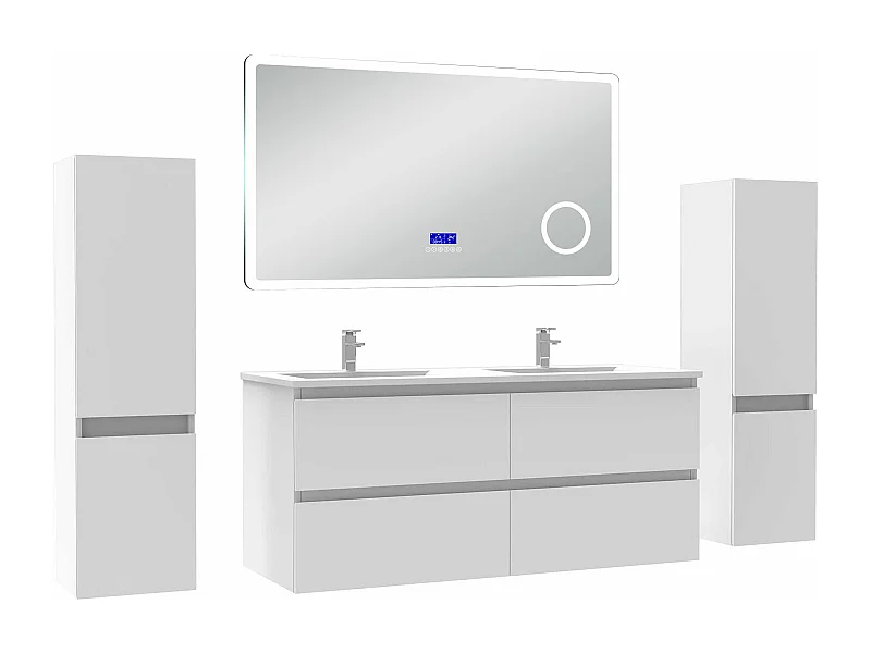 AICA Ensemble meuble Salle de Bain 120cm blanc avec 2 colonnes, simple vasque et Led miroir dimmable avec 3 couleurs, Bluetooth et 3X grossissement.