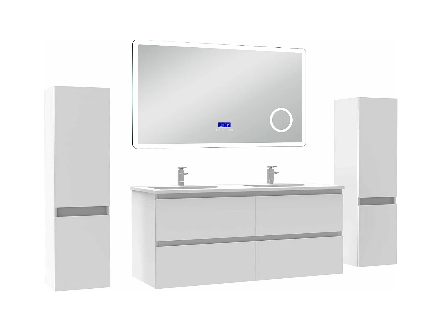 AICA Ensemble meuble Salle de Bain 120cm blanc avec 2 colonnes, simple vasque et Led miroir dimmable avec 3 couleurs, Bluetooth et 3X grossissement.
