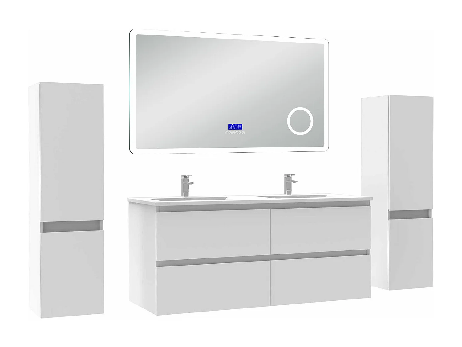AICA Ensemble meuble Salle de Bain 120cm blanc avec 2 colonnes, simple vasque et Led miroir dimmable avec 3 couleurs, Bluetooth et 3X grossissement.