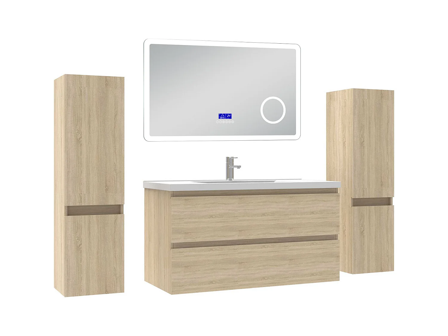 AICA Ensemble meuble Salle de Bain Chêne Wotan 100cm avec 2 colonnes, simple vasque et Led miroir dimmable avec 3 couleurs, Bluetooth et 3X grossissement.