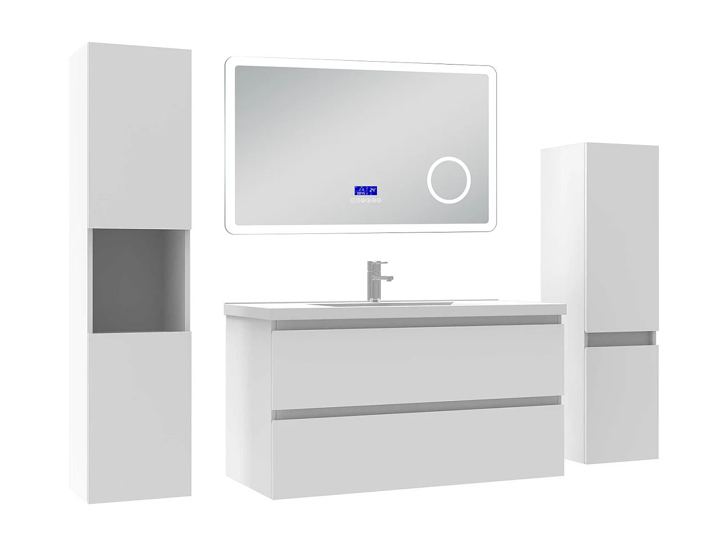 AICA Ensemble meuble Salle de Bain 100cm blanc avec 2 colonnes, simple vasque et Led miroir dimmable avec 3 couleurs, Bluetooth et 3X grossissement.