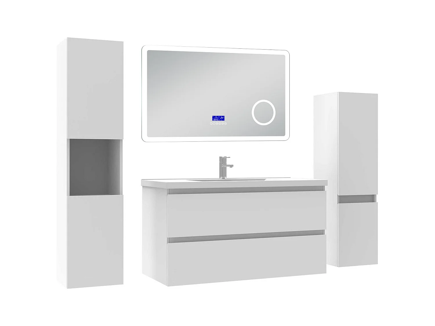 AICA Ensemble meuble Salle de Bain 100cm blanc avec 2 colonnes, simple vasque et Led miroir dimmable avec 3 couleurs, Bluetooth et 3X grossissement.