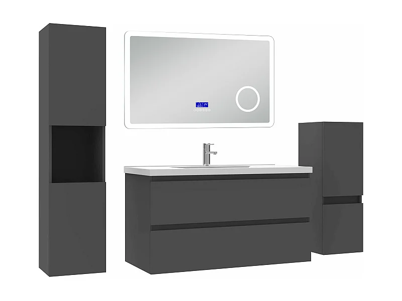 AICA Ensemble meuble Salle de Bain Anthracite 100cm avec 2 colonnes, simple vasque et Led miroir dimmable avec 3 couleurs, Bluetooth et 3X grossissement.