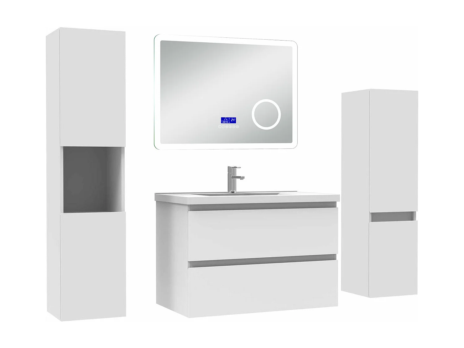 AICA Ensemble meuble Salle de Bain 80cm blanc avec 2 colonnes, simple vasque et Led miroir dimmable avec 3 couleurs, Bluetooth et 3X grossissement.