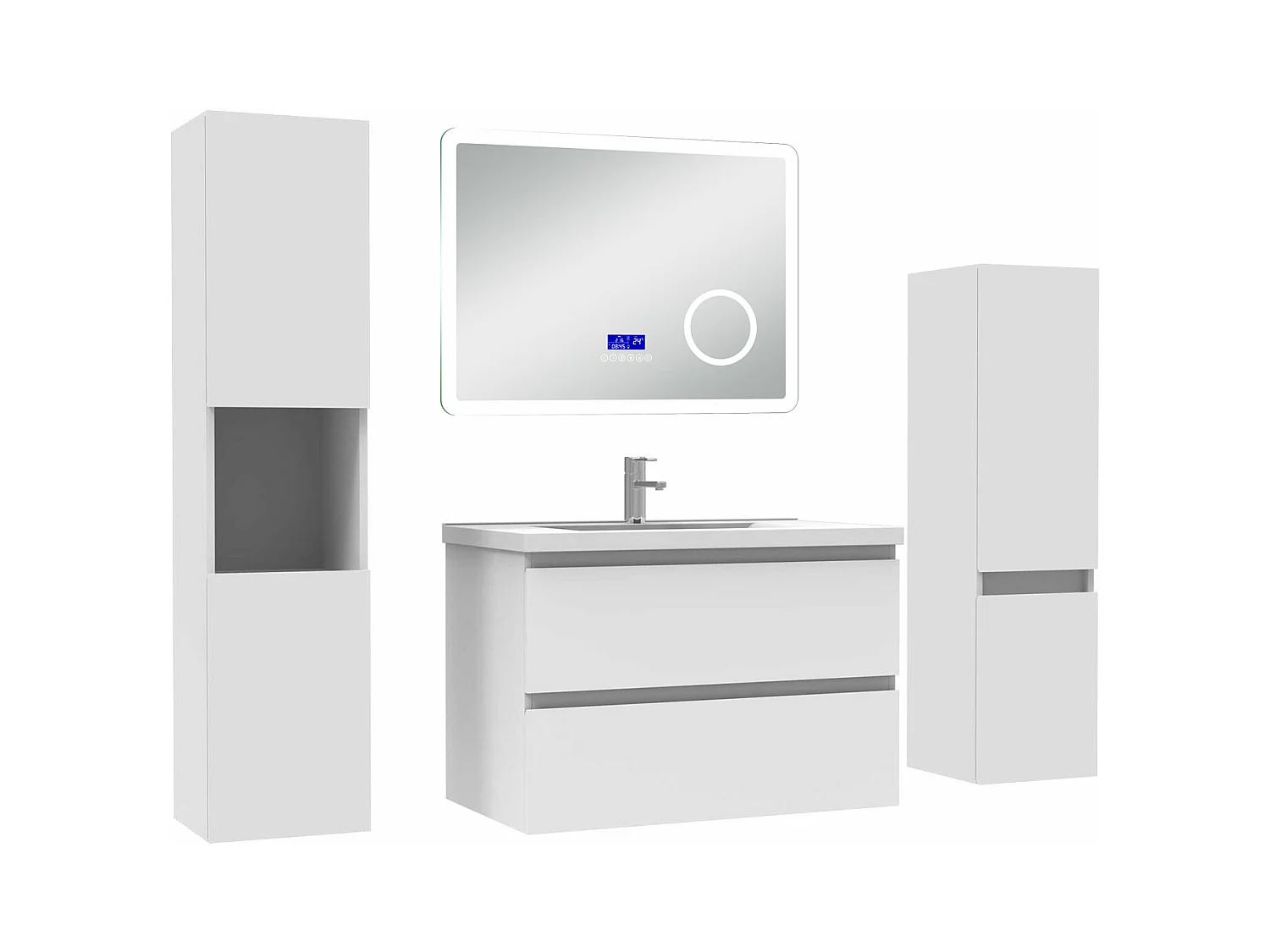 AICA Ensemble meuble Salle de Bain 80cm blanc avec 2 colonnes, simple vasque et Led miroir dimmable avec 3 couleurs, Bluetooth et 3X grossissement.