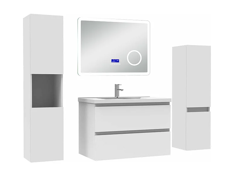 AICA Ensemble meuble Salle de Bain 80cm blanc avec 2 colonnes, simple vasque et Led miroir dimmable avec 3 couleurs, Bluetooth et 3X grossissement.