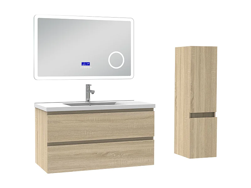 AICA Ensemble meuble Salle de Bain Chêne Wotan 100cm avec colonne, simple vasque et Led miroir dimmable avec 3 couleurs, Bluetooth et 3X grossissement.