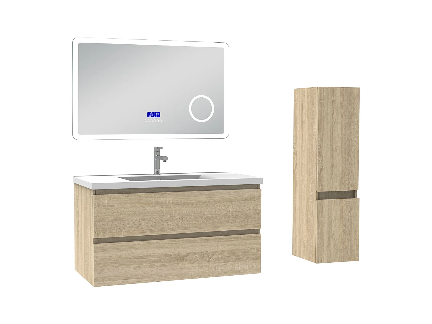 AICA Ensemble meuble Salle de Bain Chêne Wotan 100cm avec colonne, simple vasque et Led miroir dimmable avec 3 couleurs, Bluetooth et 3X grossissement.