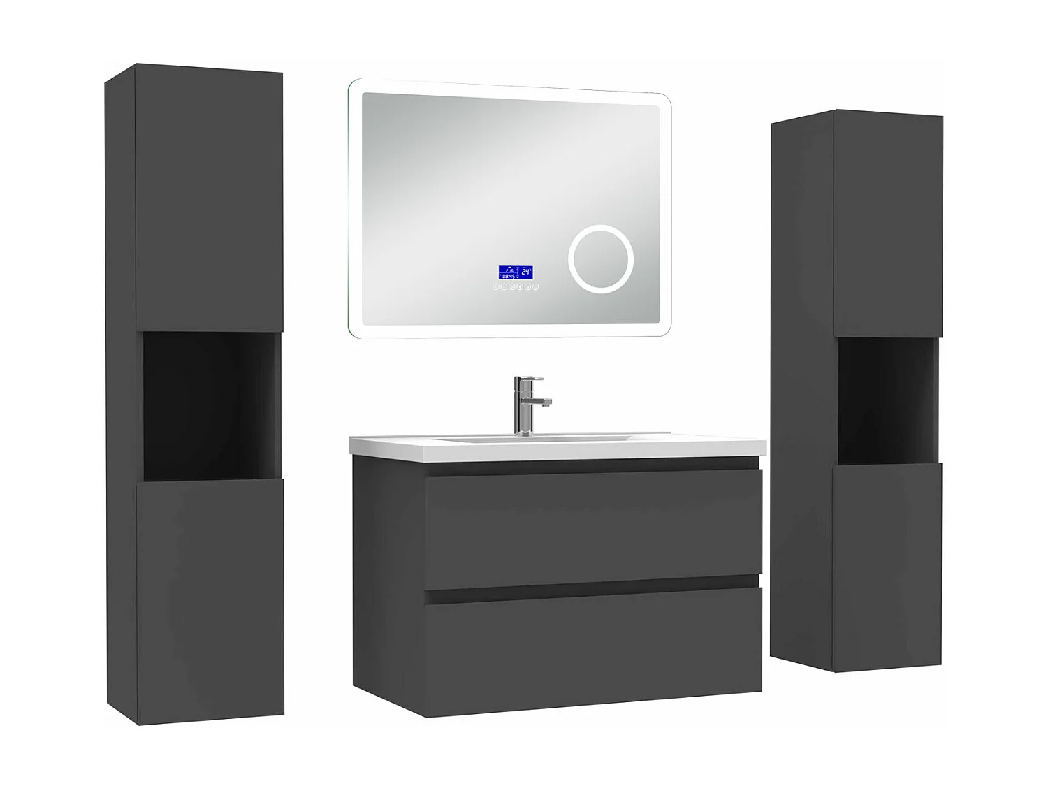 AICA Ensemble meuble Salle de Bain Anthracite 80cm avec 2 colonnes, simple vasque et Led miroir dimmable avec 3 couleurs, Bluetooth et 3X grossissement.