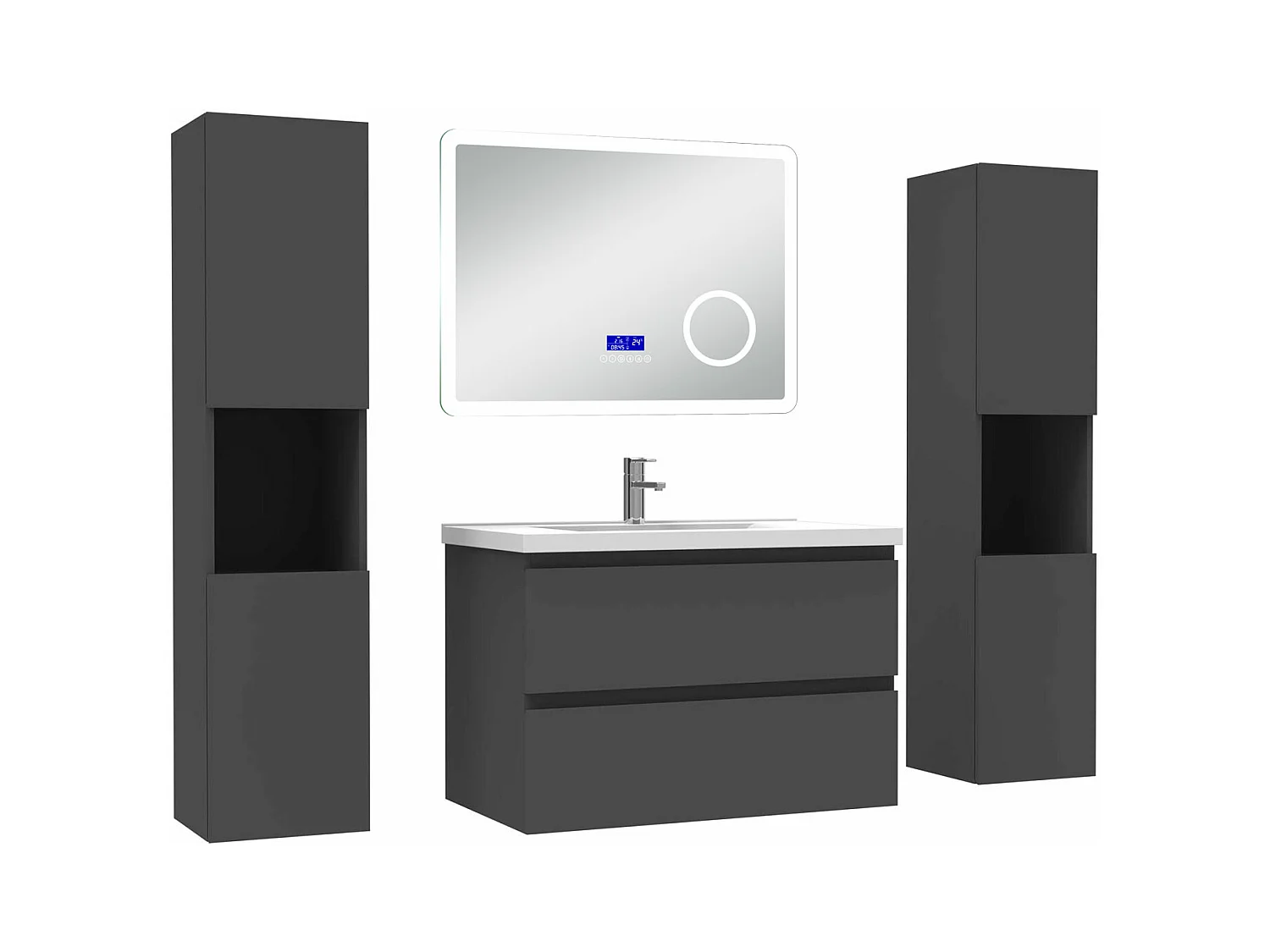 AICA Ensemble meuble Salle de Bain Anthracite 80cm avec 2 colonnes, simple vasque et Led miroir dimmable avec 3 couleurs, Bluetooth et 3X grossissement.