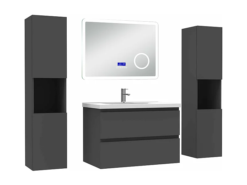 AICA Ensemble meuble Salle de Bain Anthracite 80cm avec 2 colonnes, simple vasque et Led miroir dimmable avec 3 couleurs, Bluetooth et 3X grossissement.
