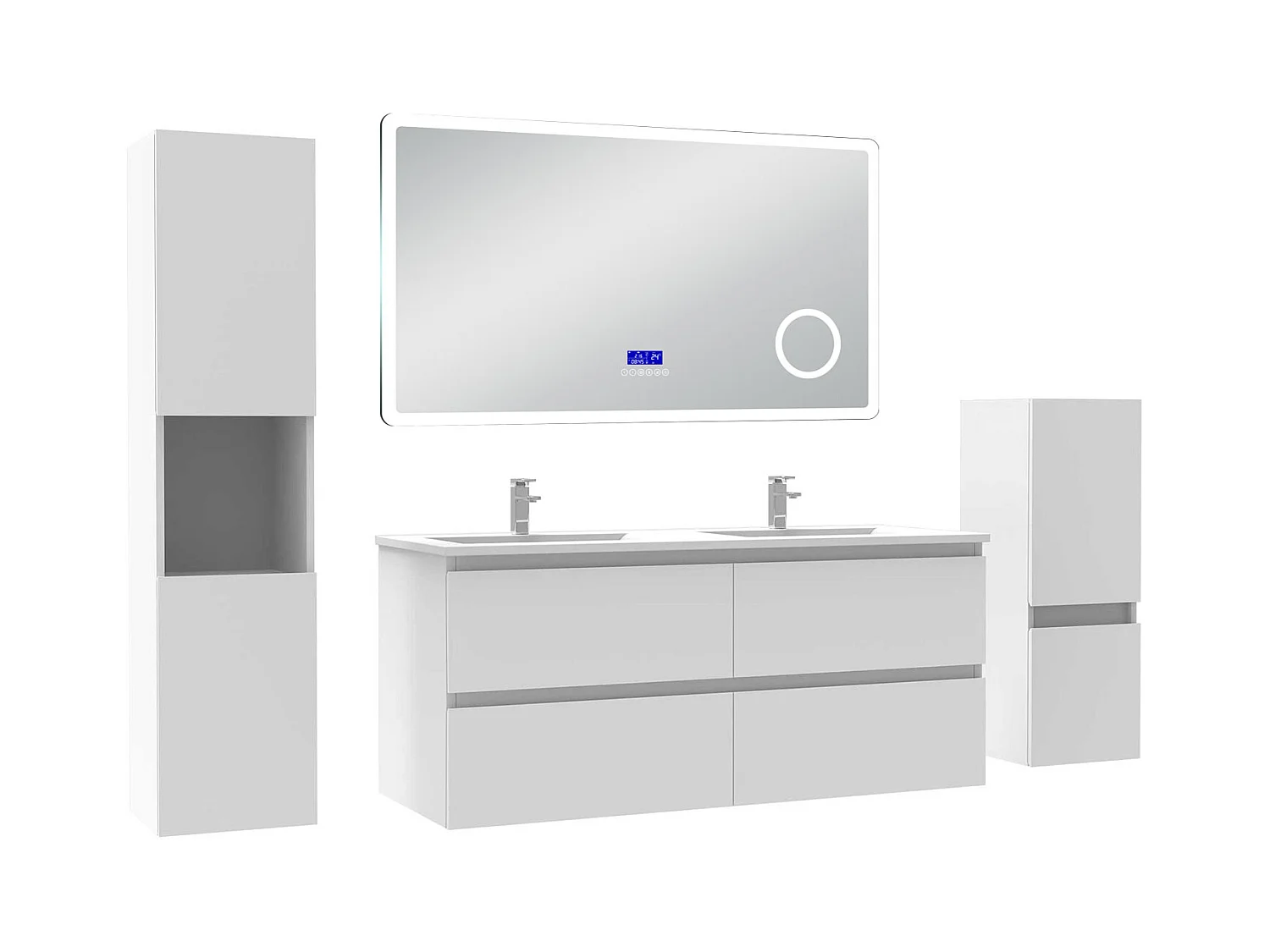 AICA Ensemble meuble Salle de Bain 120cm blanc avec 2 colonnes, simple vasque et Led miroir dimmable avec 3 couleurs, Bluetooth et 3X grossissement.